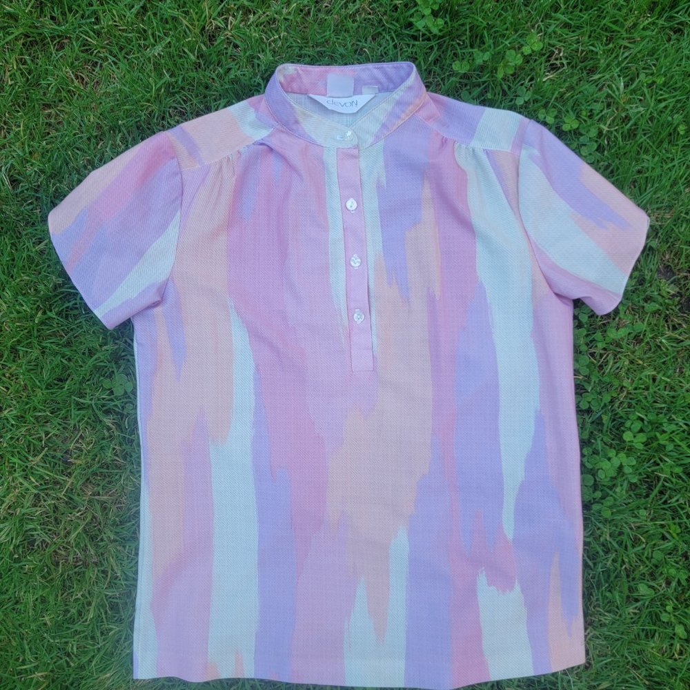 Vintage Devon Short Sleeve Multicolor Blouse, Women's- Small